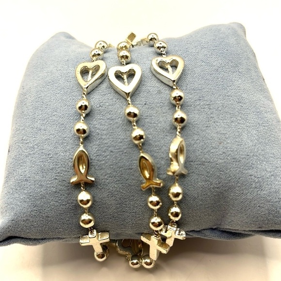Silver Heart and Cross Charm Beaded Bracelet with Multi-Strand Design Bracelet - Picture 7 of 12